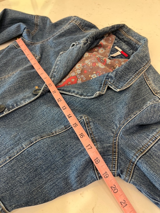 Tommy Hilfiger Y2K Stretch Denim Coat Floral Paisley Lined Long Jacket Size L - Picture 14 of 16